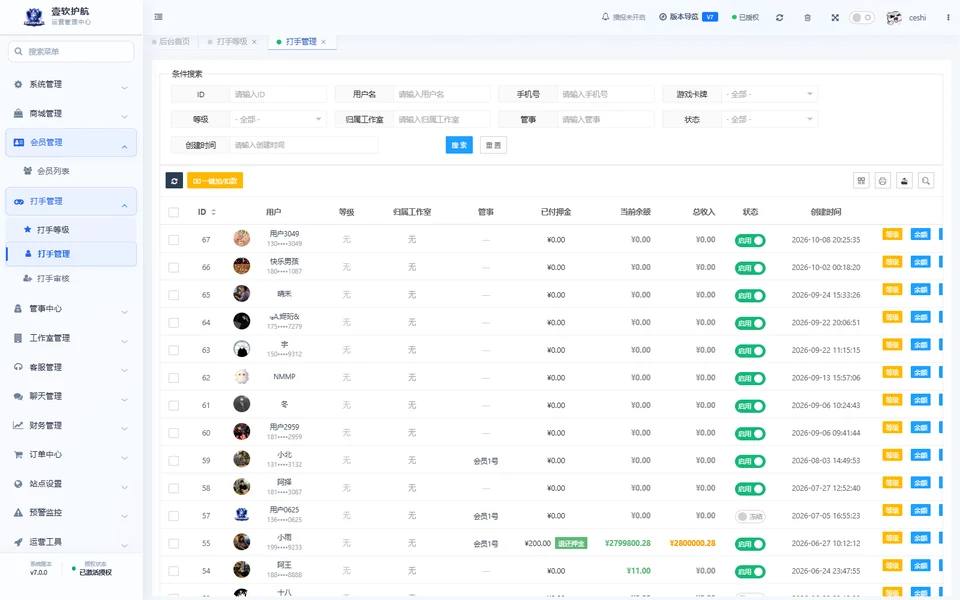 打手管理，可查看，采集于 2026-10-10